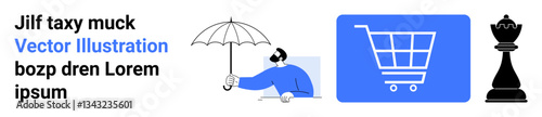 Man holding umbrella, blue shopping cart icon, and black chess piece. Ideal for themes of protection, strategy, planning, e-commerce, decision-making, business concepts simple landing page