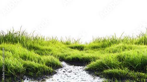 Serene Nature Landscape with Stones, Green Grass, and Plants