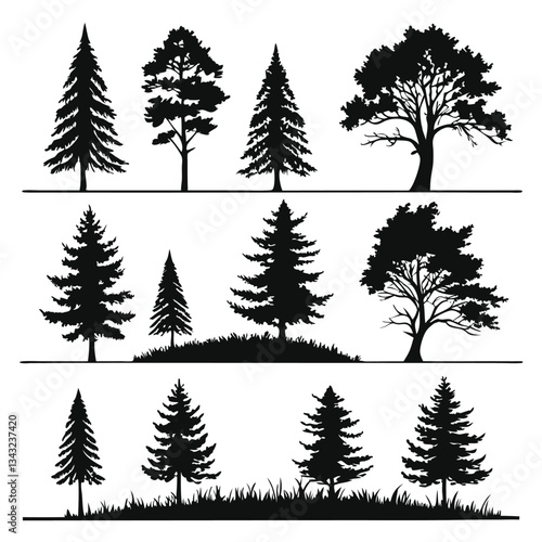 tree silhouette and Tropical leaves vector isolated on white background.