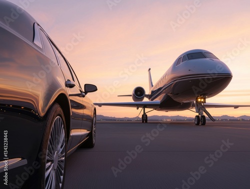 Luxurious car and private jet parked at sunset, showcasing opulence and travel.