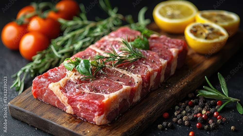 Freshly cut meat garnished with herbs and spices on a wooden board Freshly cut meat garnished with herbs and spices on a wooden board