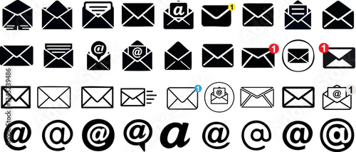 Email icons, envelope symbols vector set, mail notification signs, message icons, and at symbols in black, Digital communication, email alert, and messaging concept for web and apps