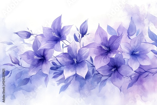 This artwork showcases beautiful bellflowers in gentle blue and purple hues. The soft pastel colors and intricate details create a serene and elegant floral arrangement