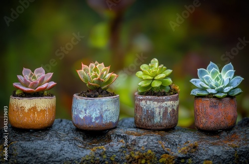 Wallpaper Mural A collection of uniquely shaped succulents in detailed ceramic pots, their vivid leaves contrasting beautifully with the blurred background. Torontodigital.ca