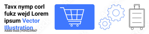 Blue shopping cart icon, suitcase, and gear wheels showcasing e-commerce, travel, and technology. Ideal for e-commerce platforms, travel apps, tech startups, logistics innovation user interface