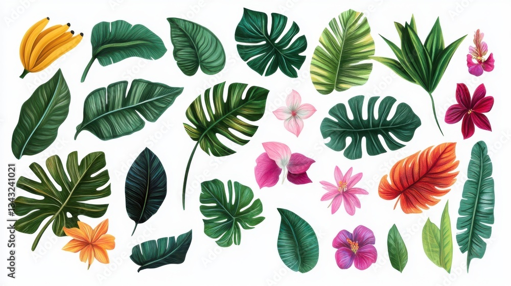 Fototapeta premium Hojas tropicales y flores