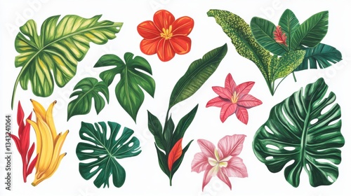 Hojas tropicales y flores