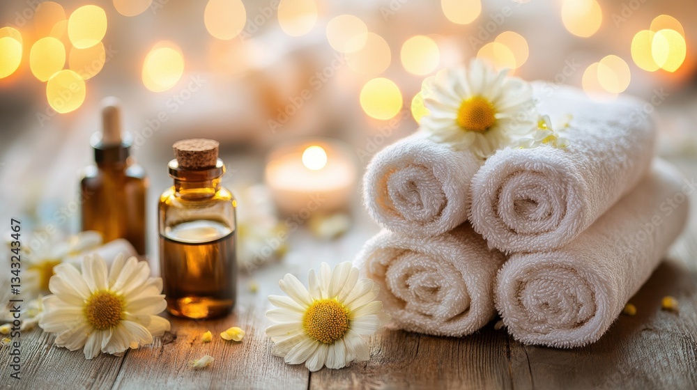 Spa Treatment Setup with Chamomile and Essential Oils Spa Treatment Setup with Chamomile and Essential Oils