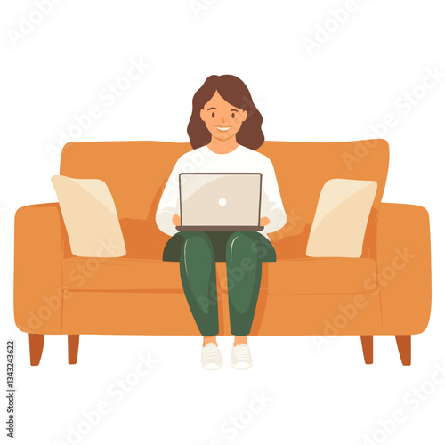 Woman useing laptop on brown sofa illustration couch electronics  vector