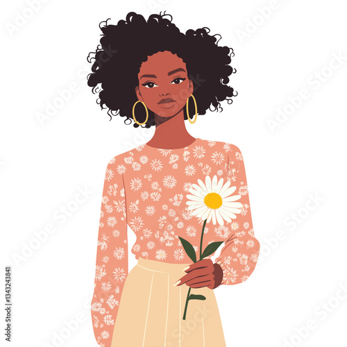 African american woman portrait with one small daisy flower earrings illustration sleeve vector