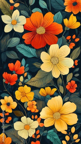 Fondo floral colorido con flores y hojas