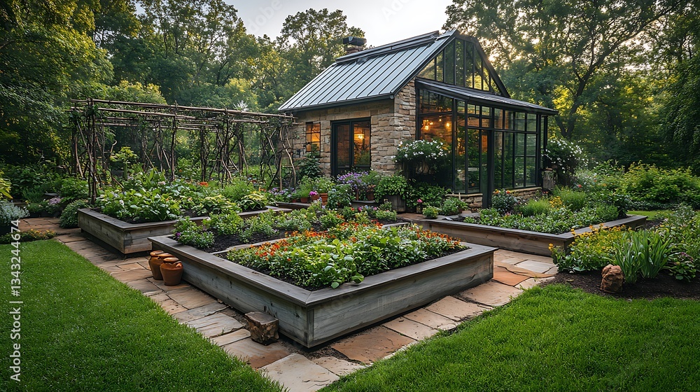 Fototapeta premium A tranquil herb garden with raised beds, trellises, and a small greenhouse for cultivating fresh ingredients