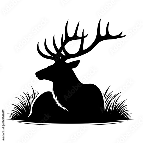 Resting stag in grass silhouette on white background