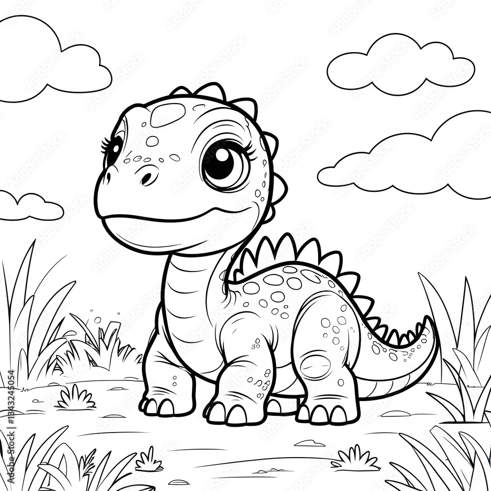 Obraz premium Bring prehistoric charm to your coloring activities with this Kawaii Stegosaurus Coloring Page! Designed in a simple, bold-outlined style, this adorable baby 