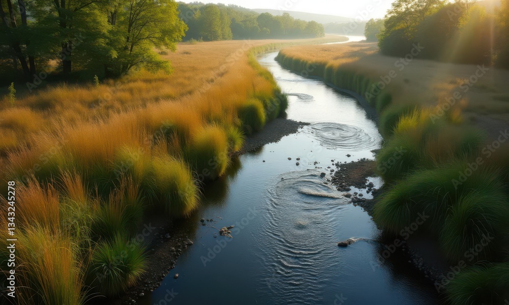 Obraz premium Native plant restoration of riparian zone with meandering stream, aerial view of ecological recovery project showing willows and sedges preventing erosion along waterway