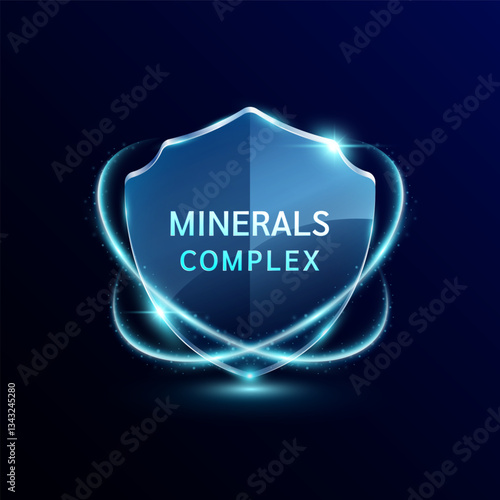 Minerals complex. Translucent glass shield modern surrounded by glowing ring safety guardian. Used for design dietary supplement products. Medical health care immunity protection concept. Vector.