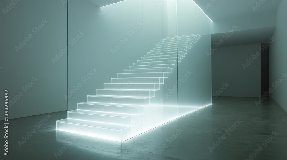 Illuminated stairs are enclosed in a glass walled minimalist structure Illuminated stairs are enclosed in a glass walled minimalist structure