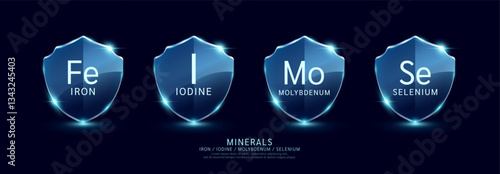 Iron Iodine Molybdenum Selenium in translucent glass shield modern. Minerals set on dark blue background. For design dietary supplement products. Medical health care protection concept. Vector.