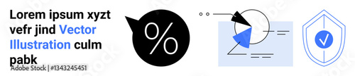Bold percentage symbol, abstract geometric chart, protective shield icon with a checkmark. Ideal for business analytics, finance, security, education, modern design, data-focused projects simple