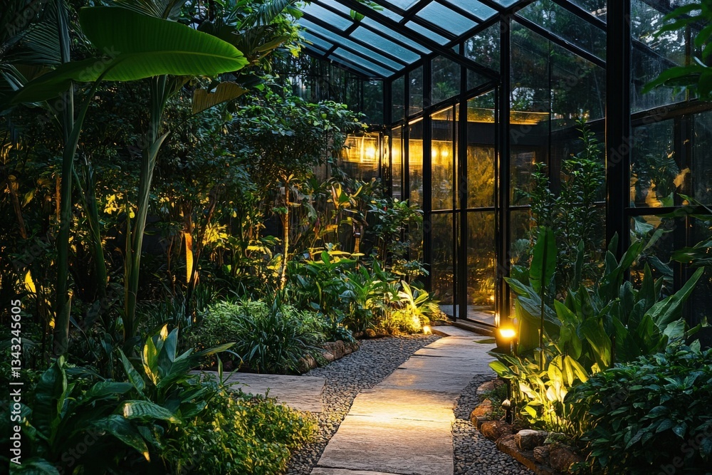 Obraz premium Energy-efficient lighting illuminating a garden filled with lush plants at twilight, symbolizing climate action and the integration of eco-conscious solutions in outdoor spaces