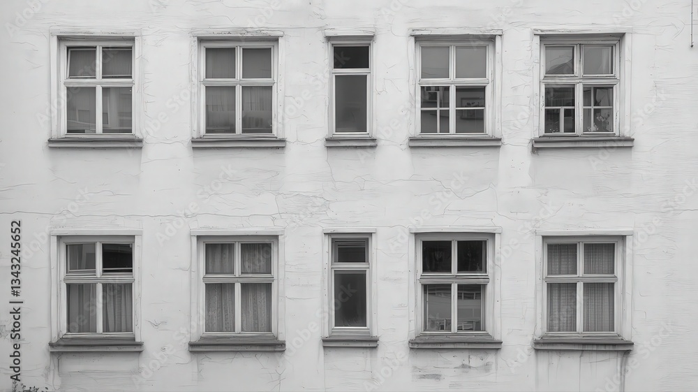 Fototapeta premium Weathered Building Facade with Multiple Windows in Black and White