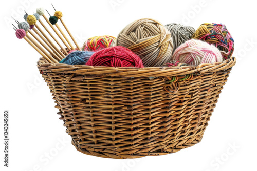 A colorful collection of yarn balls and knitting needles in a woven basket ready for creative crafting at home
