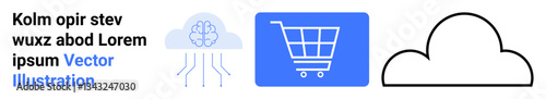 Brain-shaped AI in a cloud, shopping cart icon, and simplistic cloud outline. Ideal for technology, AI, e-commerce, cloud computing, networks, innovation and a simple landing page
