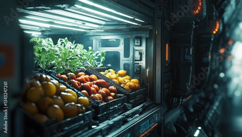 Fototapeta Naklejka Na Ścianę i Meble -  Futuristic produce section, brightly lit, with diverse fruits