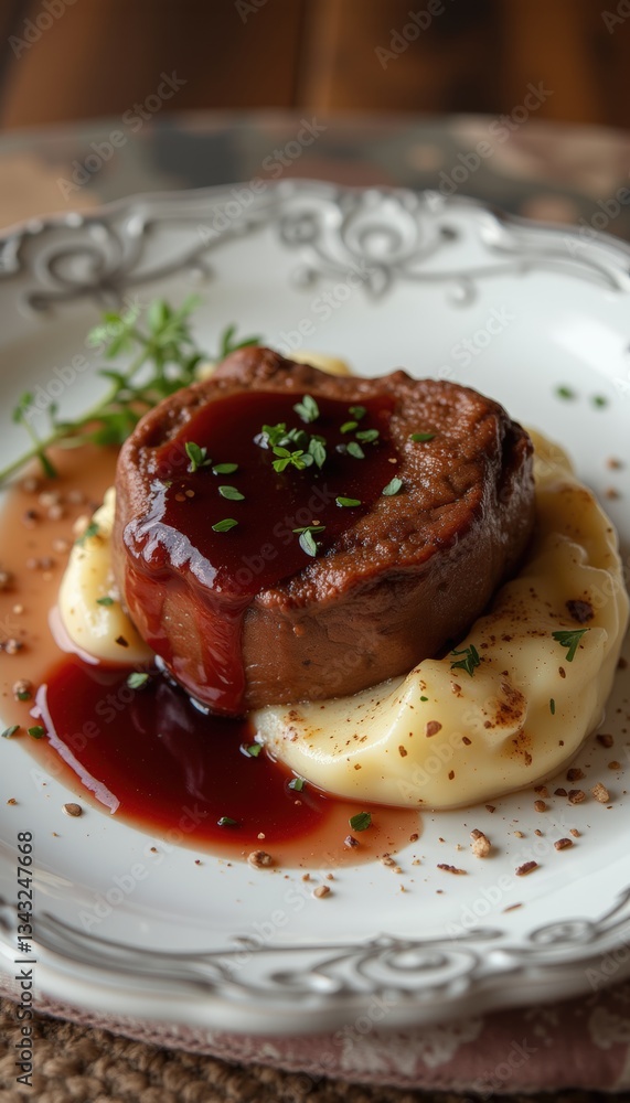 Seared steak with red wine reduction served on a decorative plate with mashed potatoes Seared steak with red wine reduction served on a decorative plate with mashed potatoes