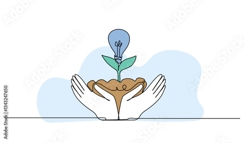 Vector illustration of hand nurturing a plant with light bulb. Modern flat in continuous line style.