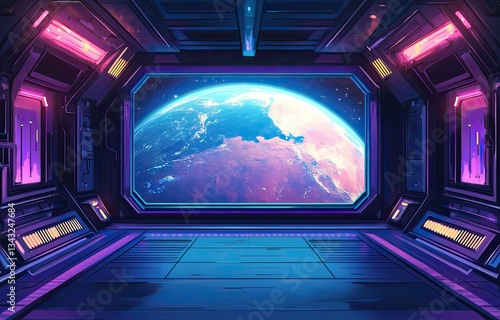 Fototapeta Naklejka Na Ścianę i Meble -  Futuristic spaceship interior, Earth view