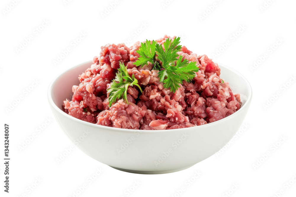 Freshly minced meat served in a white bowl garnished with vibrant green herbs, ready for cooking in a cozy kitchen environment Freshly minced meat served in a white bowl garnished with vibrant green herbs, ready for cooking in a cozy kitchen environment