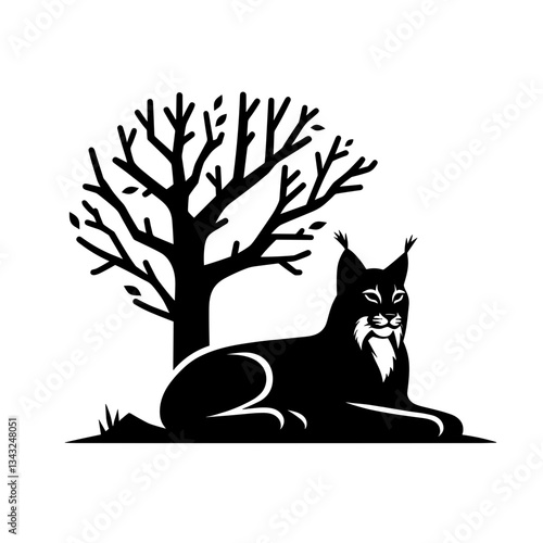 Resting lynx under tree silhouette on white background