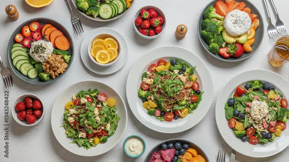 Vibrant salad bowls with fresh fruits, vegetables, and nuts arranged on a white table, emphasizing nutrition and healthy eating. Clean eating, plant-based diet, organic produce. Vibrant salad bowls with fresh fruits, vegetables, and nuts arranged on a white table, emphasizing nutrition and healthy eating. Clean eating, plant-based diet, organic produce.