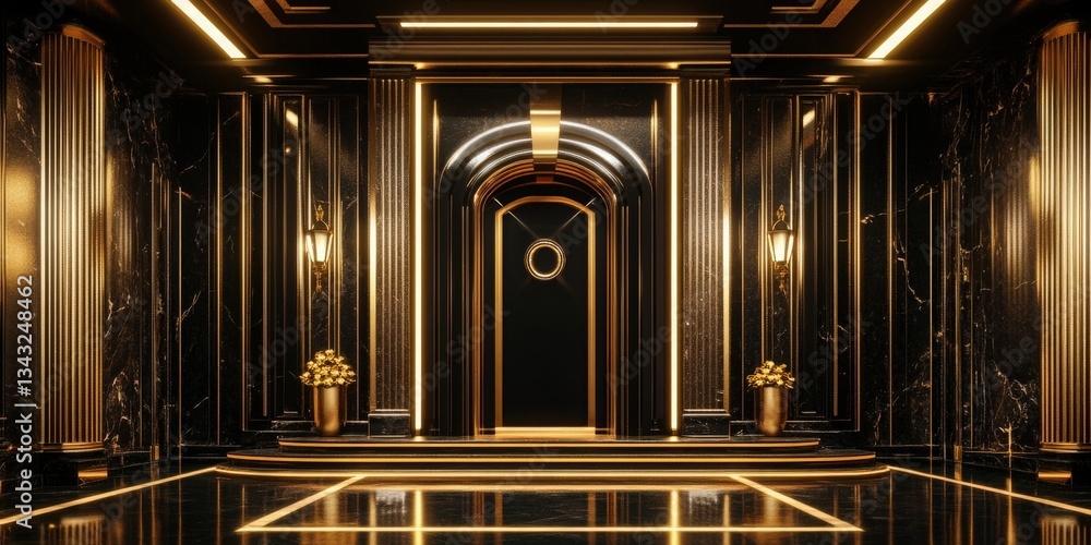 Obraz premium Opulent art deco design, black and gold accents highlighting a grand retro entrance portal, with bold symmetrical lines and shimmering elements