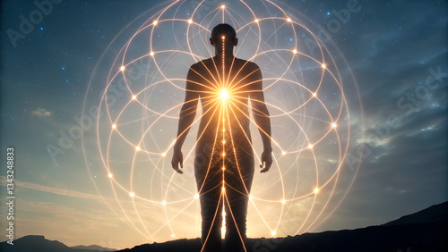 law of attraction visualization vibration manifestation A silhouetted figure stands against a sunburst, surrounded by a geometric pattern in a tranquil landscape.