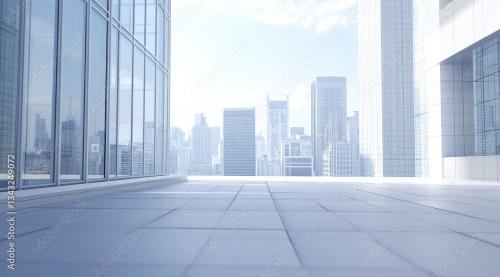 Fototapeta premium Empty city rooftop patio overlooking urban skyline