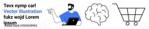 Male character with laptop pointing right, brain icon and shopping cart. Ideal for education, creativity, shopping, technology, decision-making, brainstorming, flat landing page banner