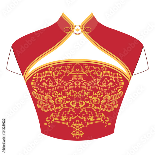Gold and red traditional chinese dress women's - qipao. The neckline with clouds and and symbols of happiness- asian design. Vector clipart