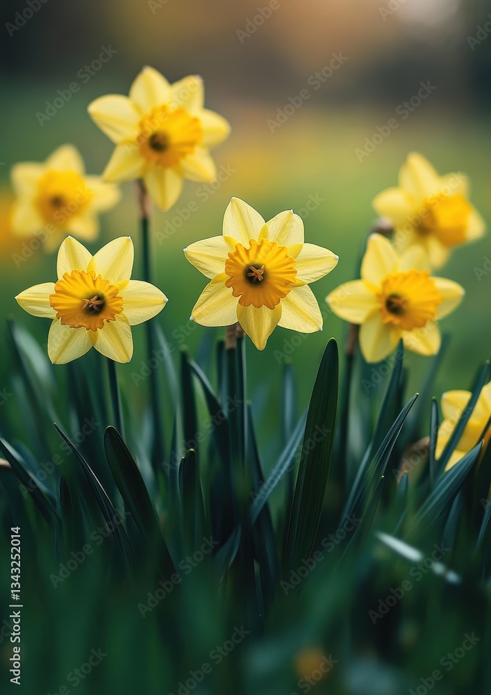 Obraz premium Vibrant yellow daffodils blooming in a lush green field.