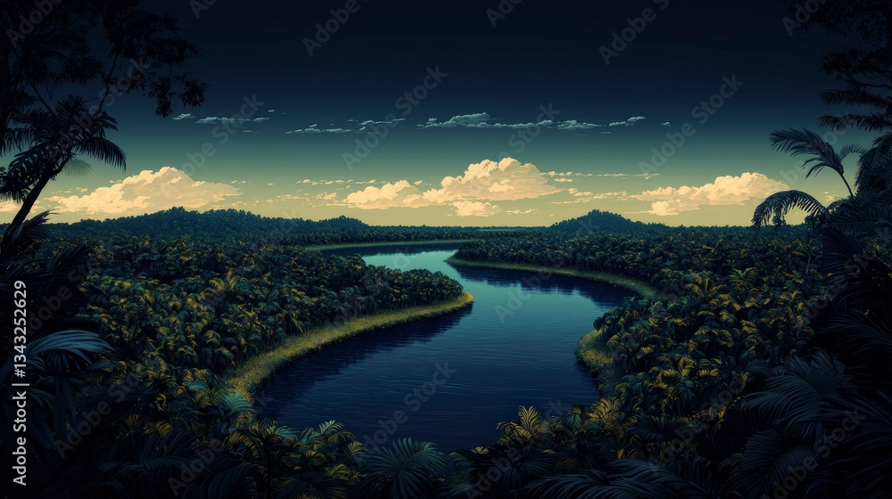 Naklejka premium Lush Amazon Rainforest River Bend Aerial View Cinematic Jungle Landscape