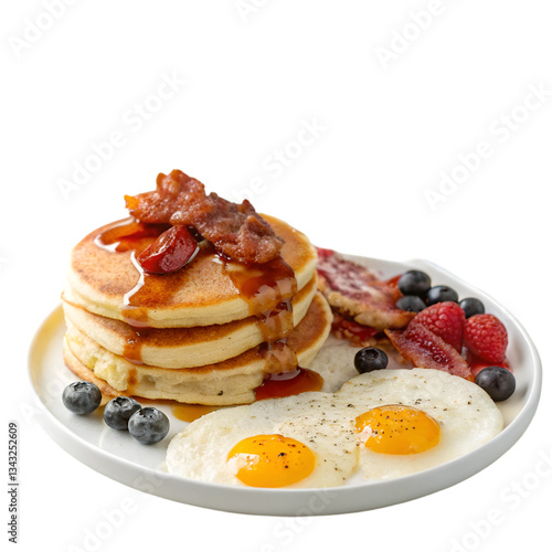 Delicious homemade breakfast with crispy bacon, eggs and pancake on white background
