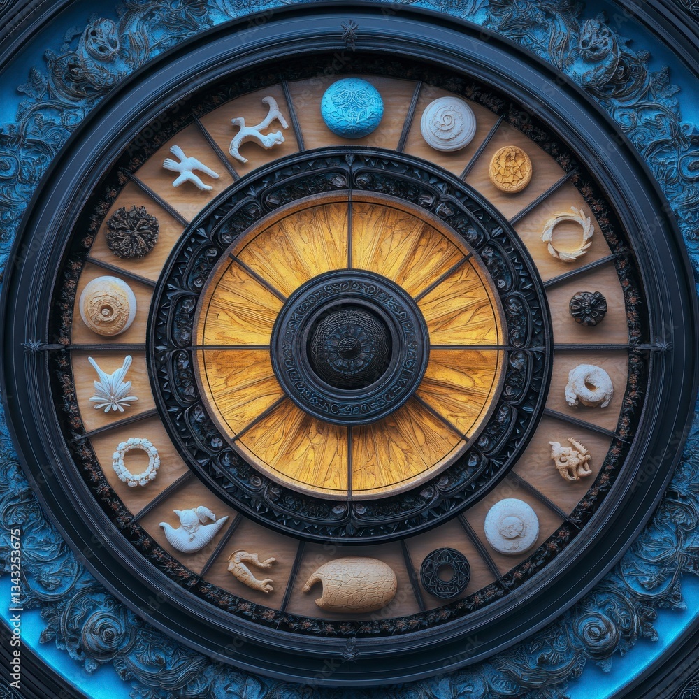 Intricate Circular Design Featuring Zodiac Symbols and Astrological Motifs Intricate Circular Design Featuring Zodiac Symbols and Astrological Motifs