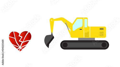 excavator vector art with broken heart on floor for love relation patch up