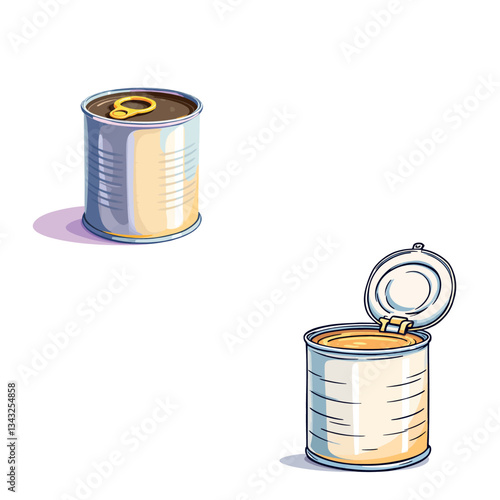 Vsai closed and opened tin cans containing food preserves