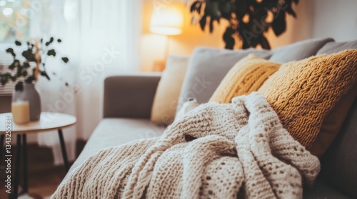 Cozy Living Room with Soft Blankets and Warm Lighting