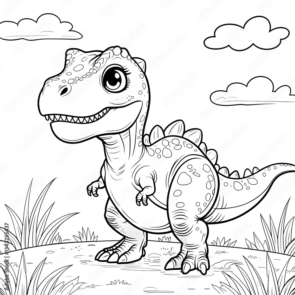 Fototapeta premium Discover the fun and adorable world of dinosaurs with this Kawaii T. Rex Coloring Page! This cute baby Tyrannosaurus Rex is designed in a simple, bold-outlined style, making it perfect for kids, toddl