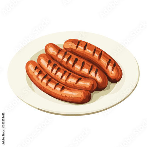 Grilled sausages in a plate illustration white food vector