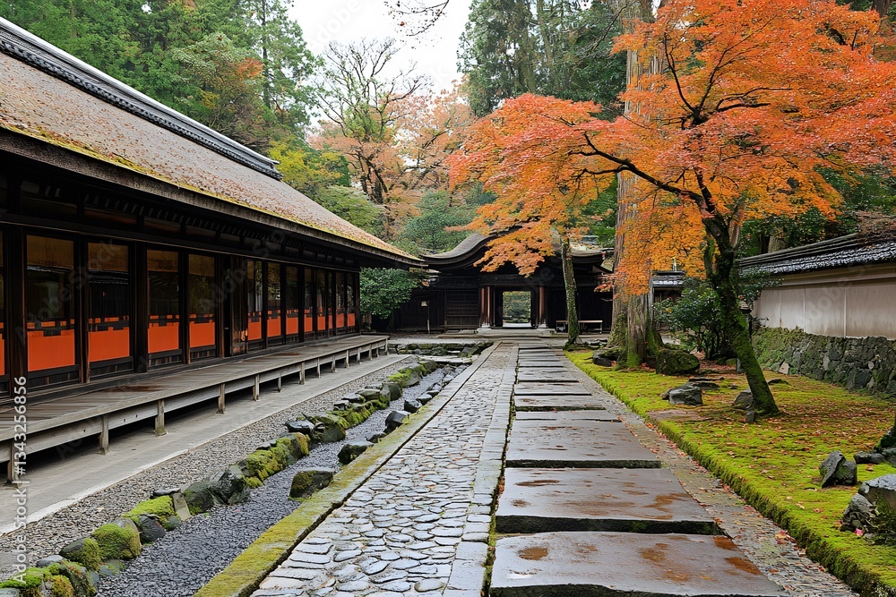Fototapeta premium Autumn Zen Garden Path Japanese Temple Stone Walkway Maple Leaves