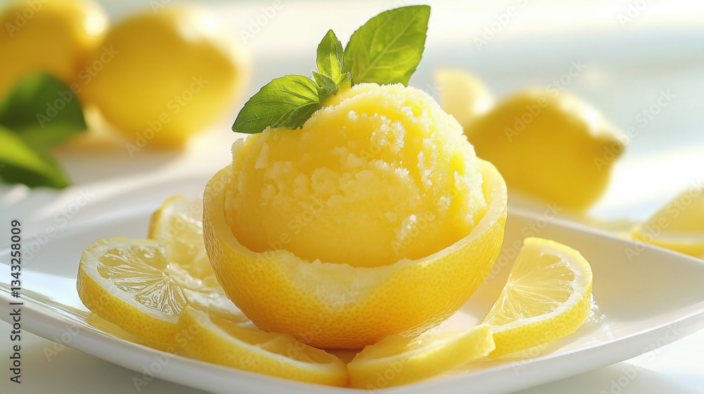 A refreshing lemon sorbet served in a halved lemon shell, surrounded by fresh lemon slices on a white plate. A refreshing lemon sorbet served in a halved lemon shell, surrounded by fresh lemon slices on a white plate.
